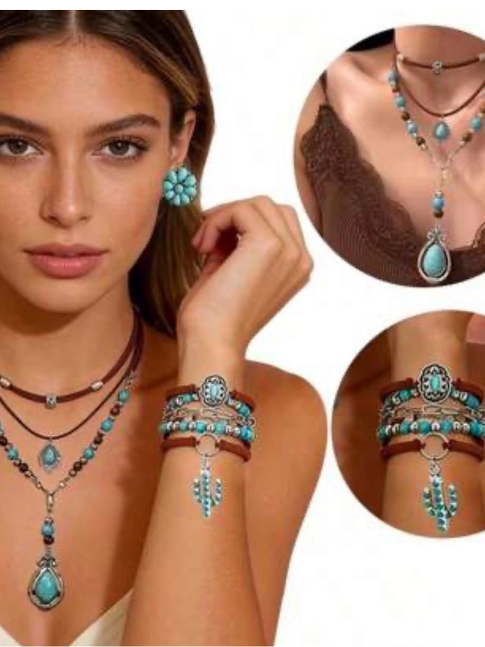 Fashion Nova Turquoise Layered Necklace Set with Brown Accents